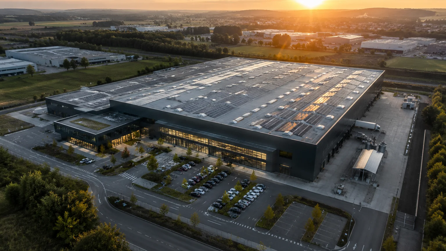 Luftaufnahme eines Unternehmensstandorts im Abendlicht